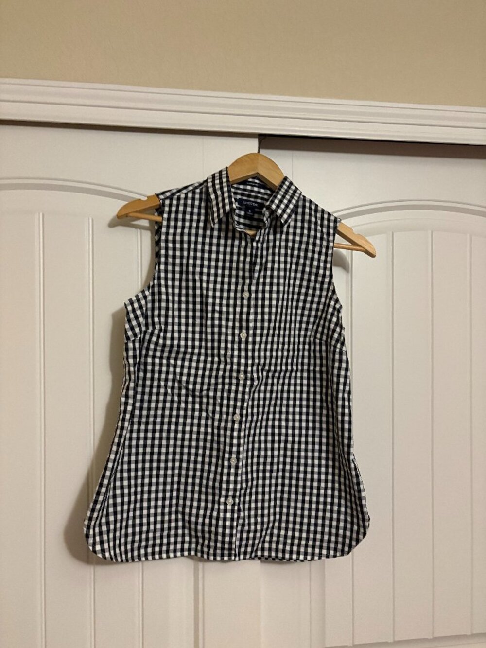 Lands End Black and White Check Sleeveless Blouse Size 10 Button Front Collared